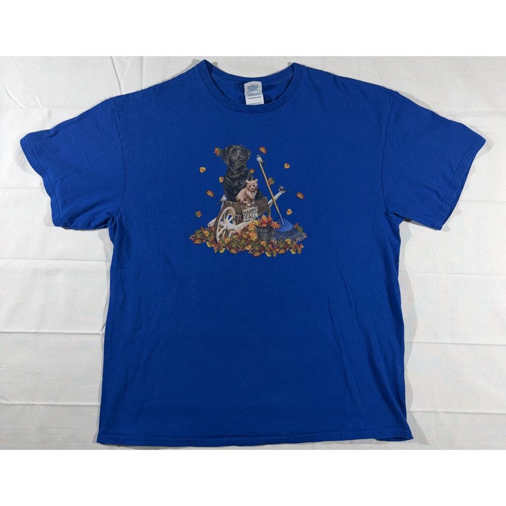 Vintage Delta Pro Weight Men's L Blue Happy Fall Dog Cat Autumn Graphic T-Shirt